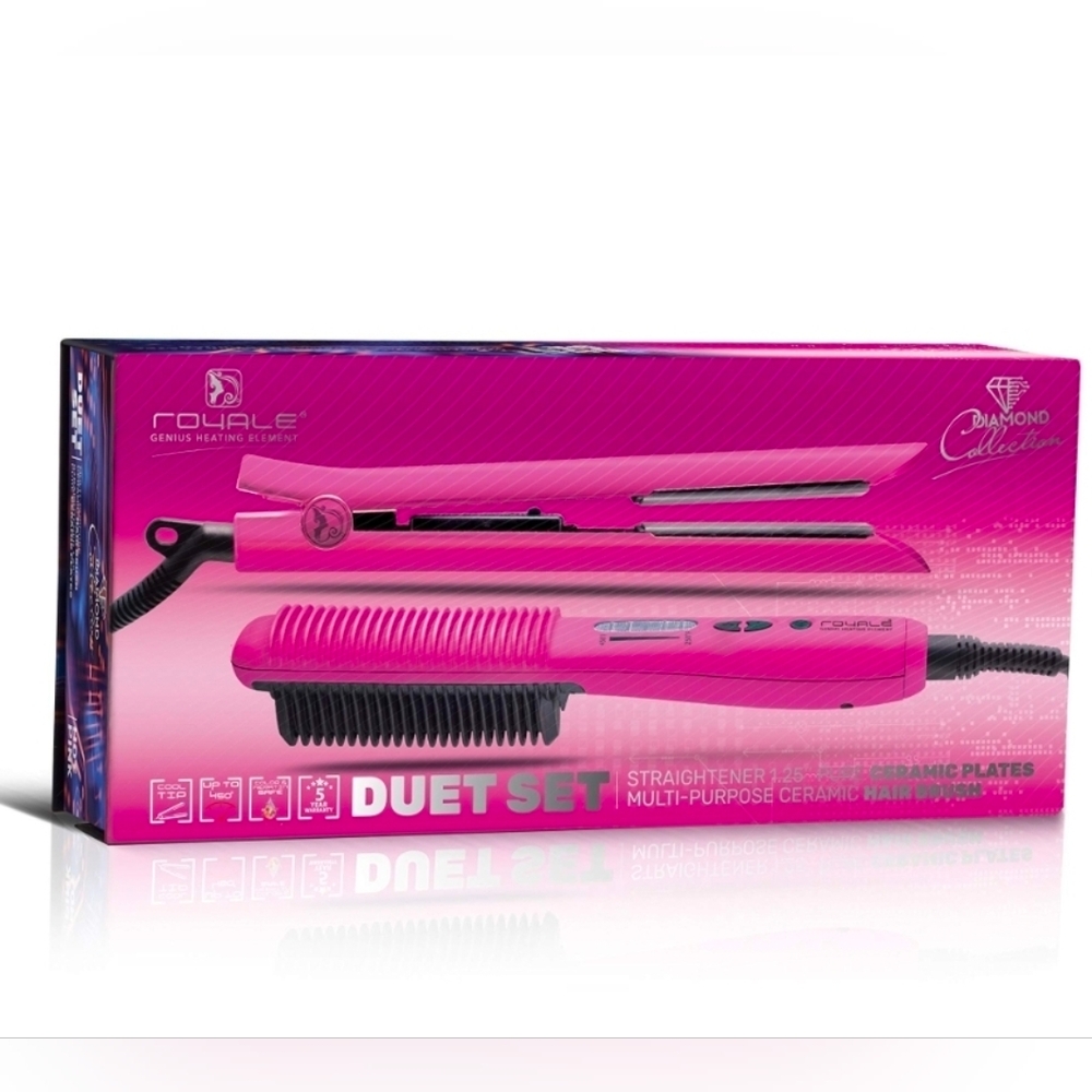 Royale Hot Pink Duet Set Platinum Flat Iron Plus Platinum Heating Brush NIB